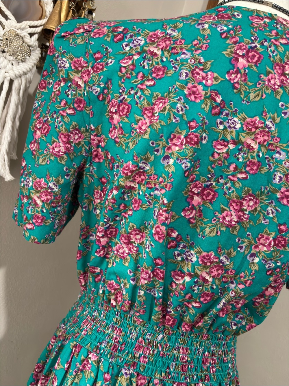 Miss Dorby Vintage Green and Pink Dress with Lace Yolk Collar Size 12P 80s Retro - Picture 8 of 10